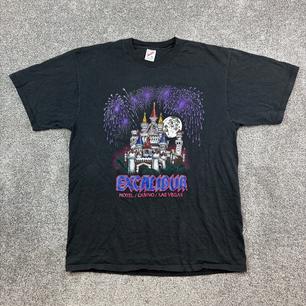 Vintage Excalibur Casino Shirt‎ Mens XL Black Hotel Las Vegas Nevada Fireworks